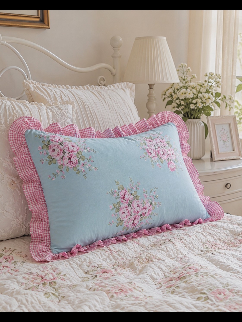 Shabby Chic Pink & Blue Floral Ruffled Lumbar Pillow